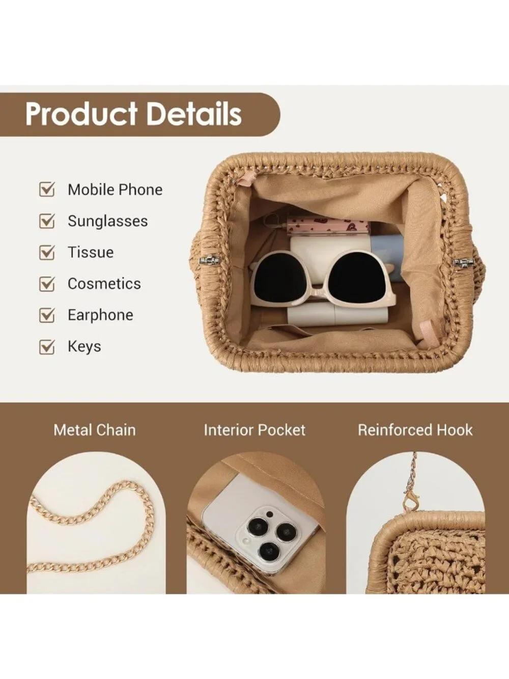Woven Straw Clutch Purse for Women, Chic Detachable Chain Bag, Summer Accessory
